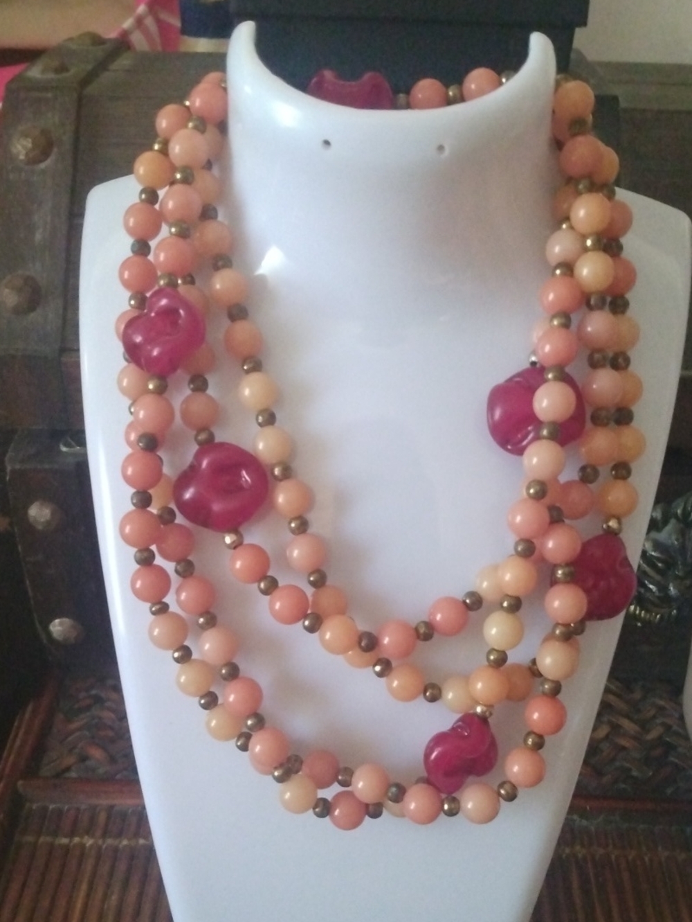 Multi-Strand Peach and Pink Beaded Necklace by